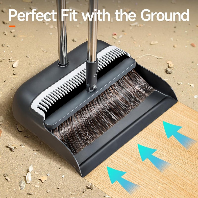 CTIME Broom and Dustpan Set, Extra Brush Head & 51.6" Adjustable Long Handle Standing Dustpan Set, with Dust Pan Teeth to Clean Pet Hair, Easy Sweeping Suitable for Home Kitchen Office Lobby - Image 4